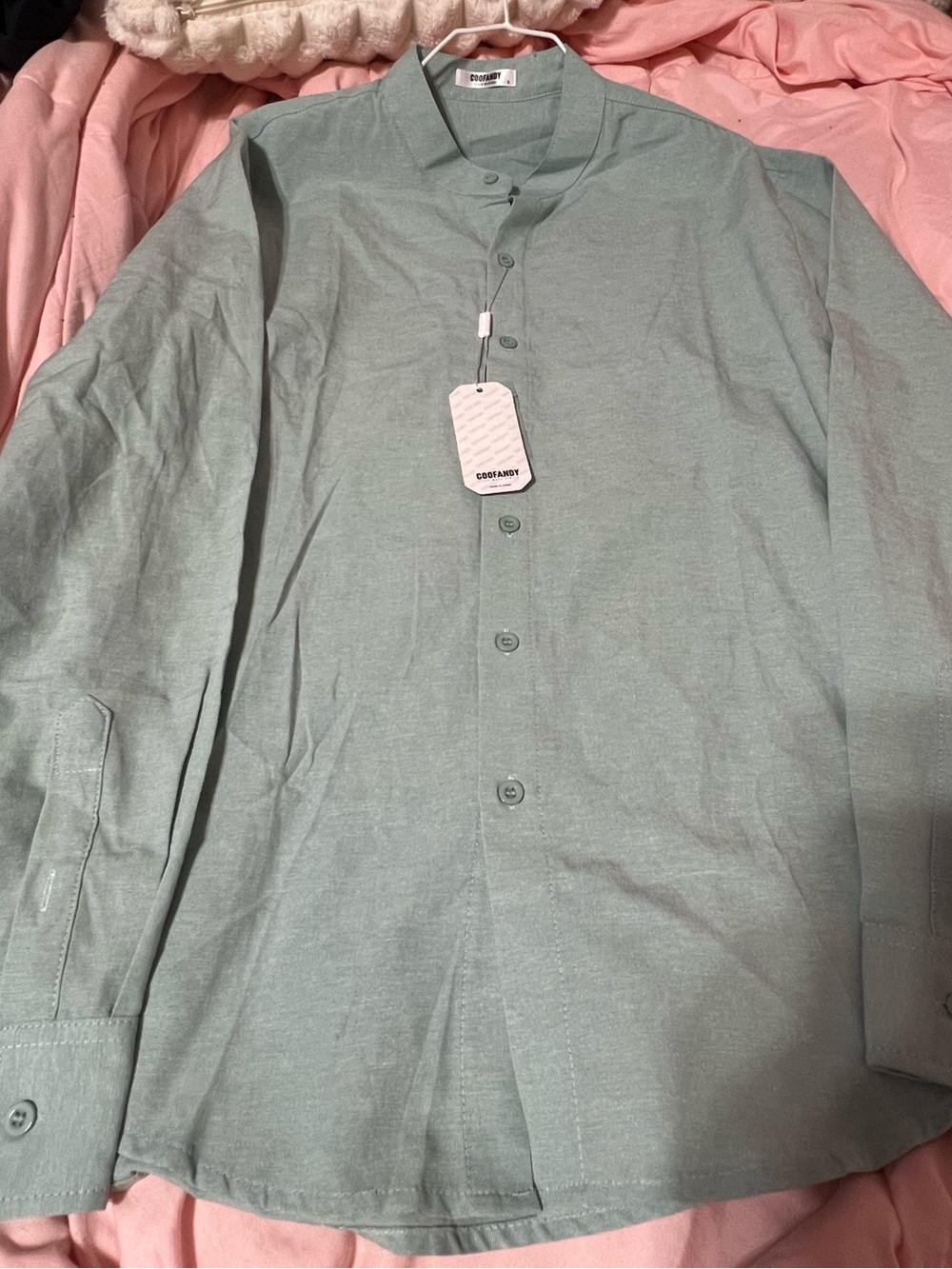 Men's Sage Green Band-Collar Dress Shirt by CooFandy